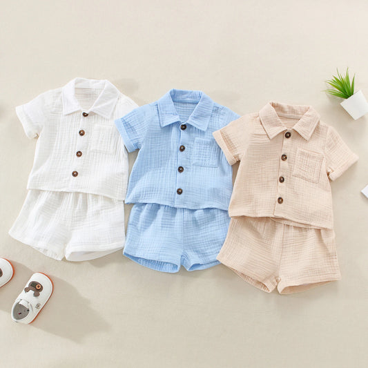 Solid Button Down Shirt + Shorts Set