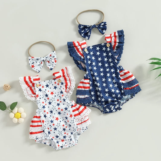 4th of July Ruffle Sleeve Romper Headband Set