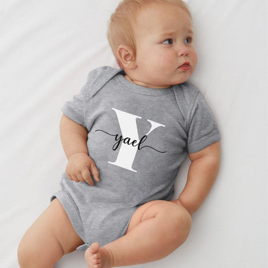 3M-9M Grey Baby Name + Initial Onesie (Custom)