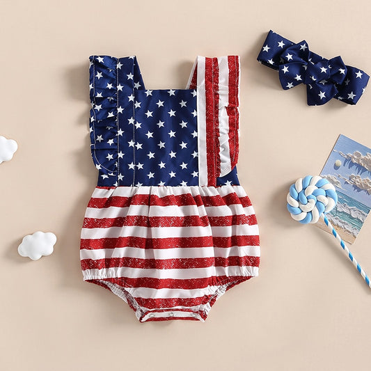 4th of July Sleeveless Ruffle Romper with Headband Set