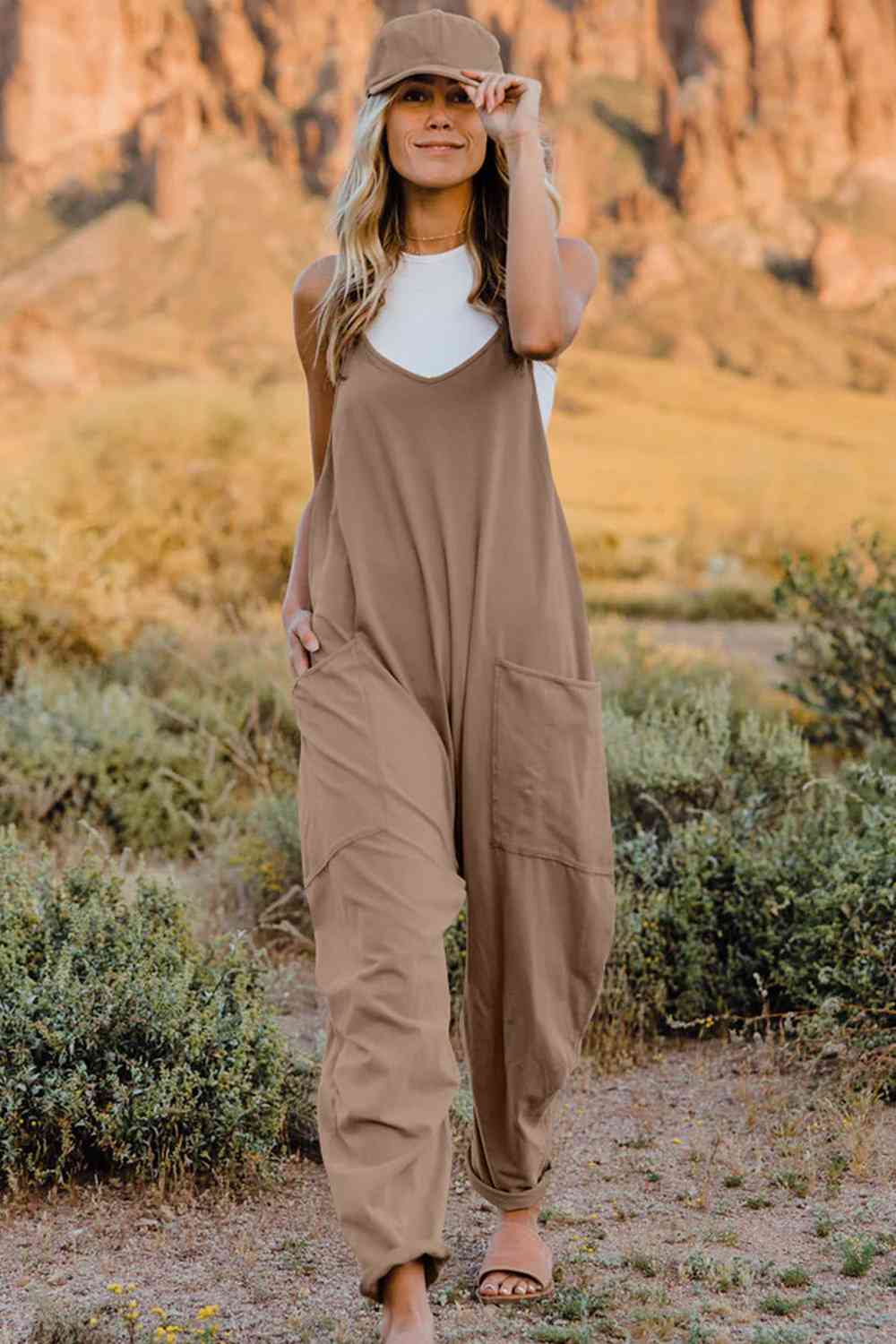 Double Take Full Size V-Neck Sleeveless Jumpsuit with Pockets